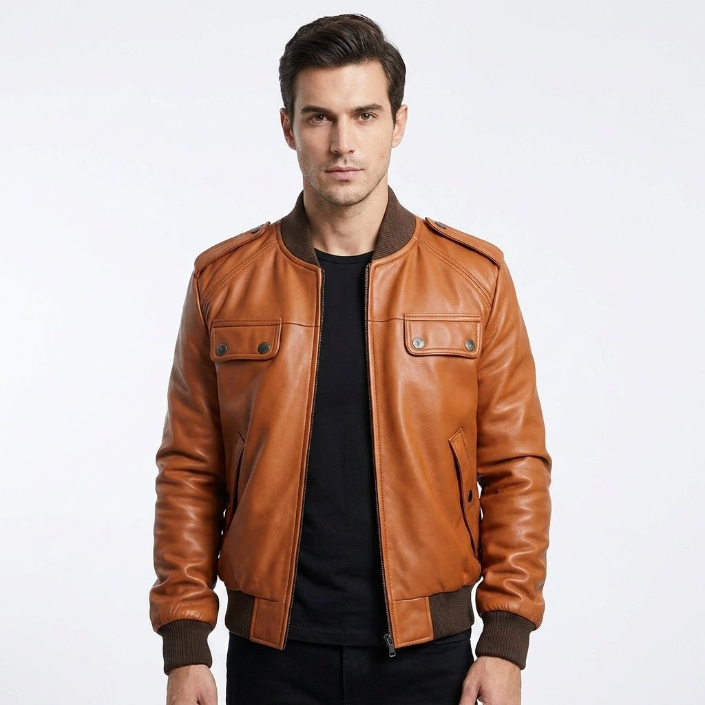 Men’s Strap Pocket Bomber Leather Jacket - Timber AND Hide