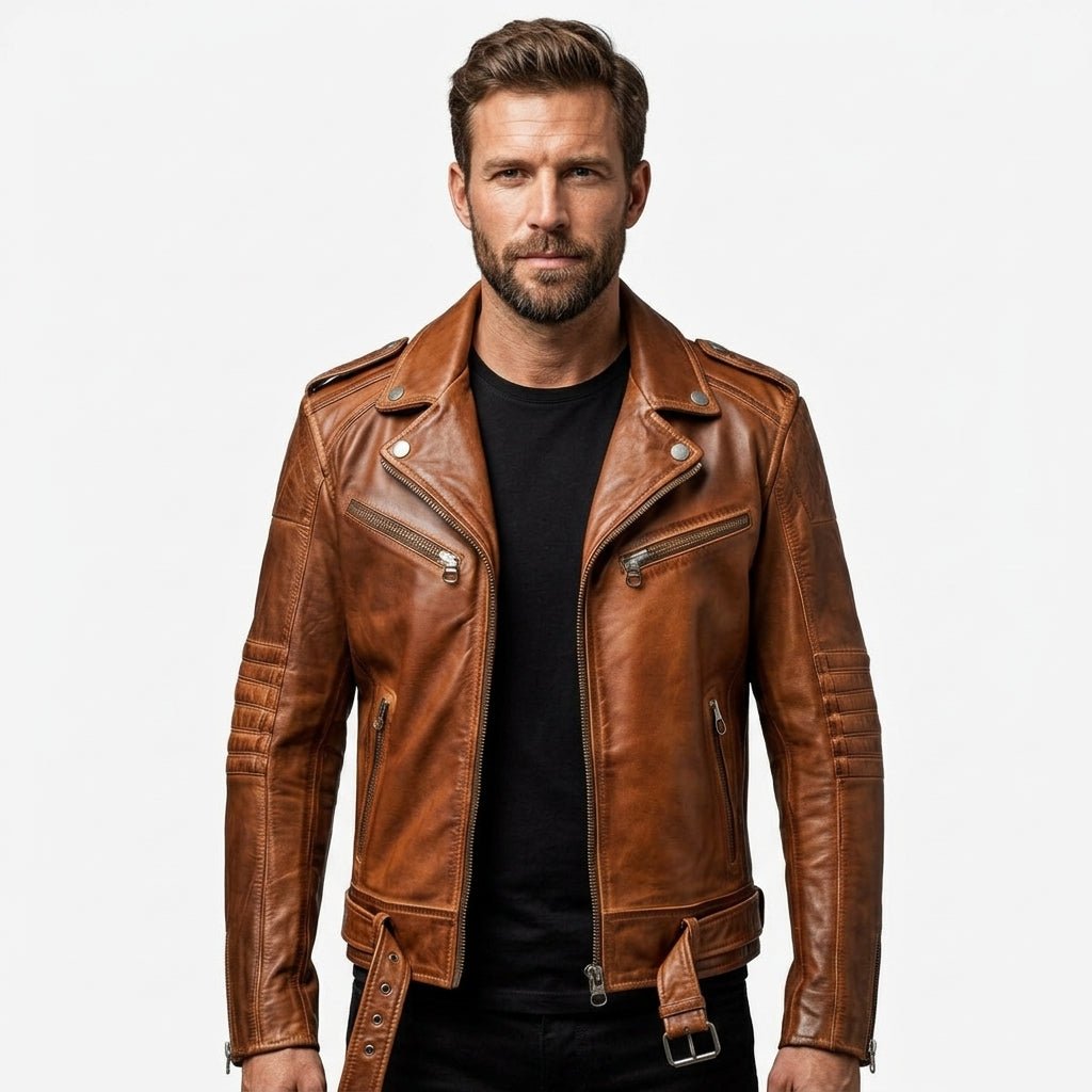 Men’s Stylish Belted Brown Vintage Leather Biker Jacket - Timber AND Hide