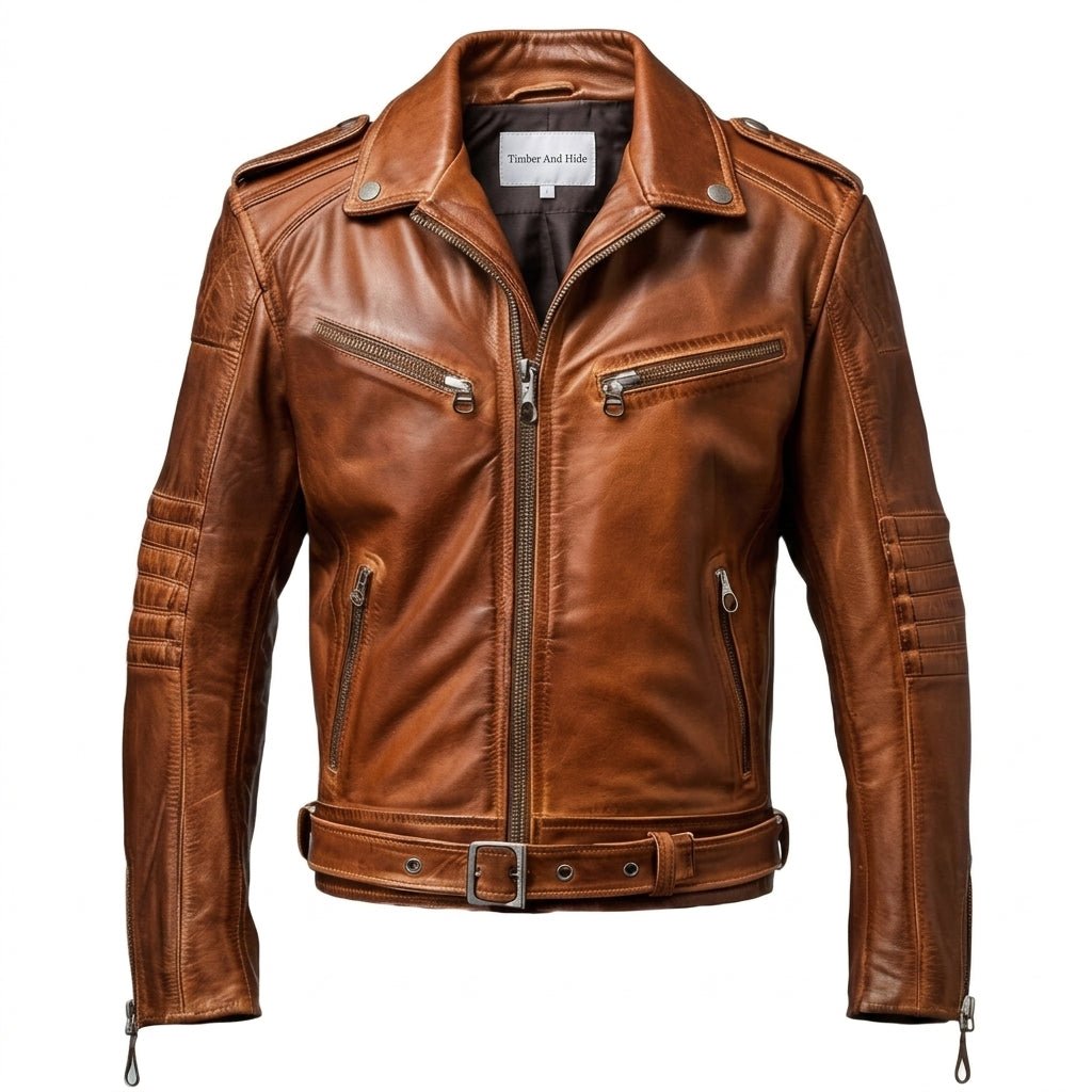 Men’s Stylish Belted Brown Vintage Leather Biker Jacket - Timber AND Hide