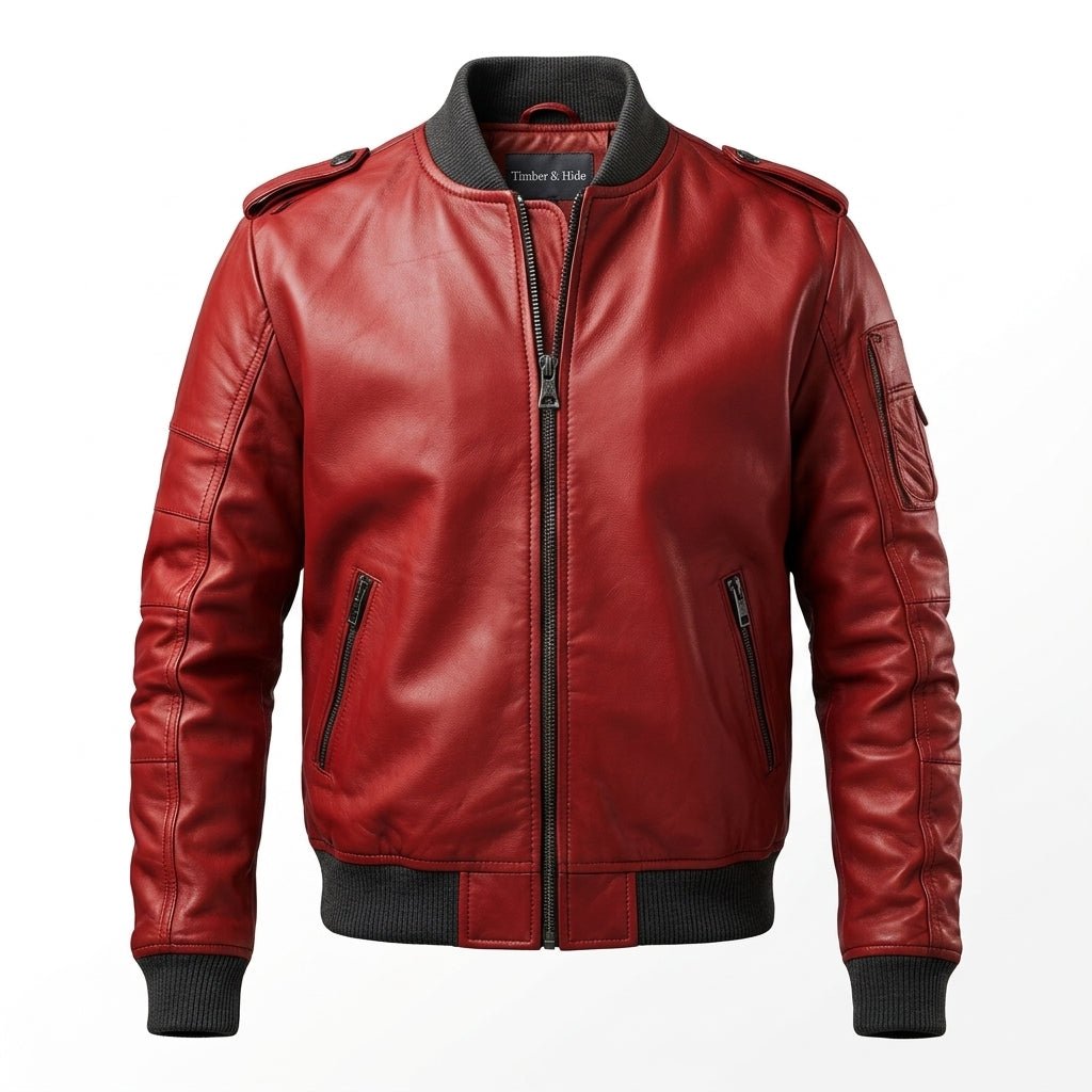 Men’s Stylish Red Bomber Leather Jacket - Timber AND Hide