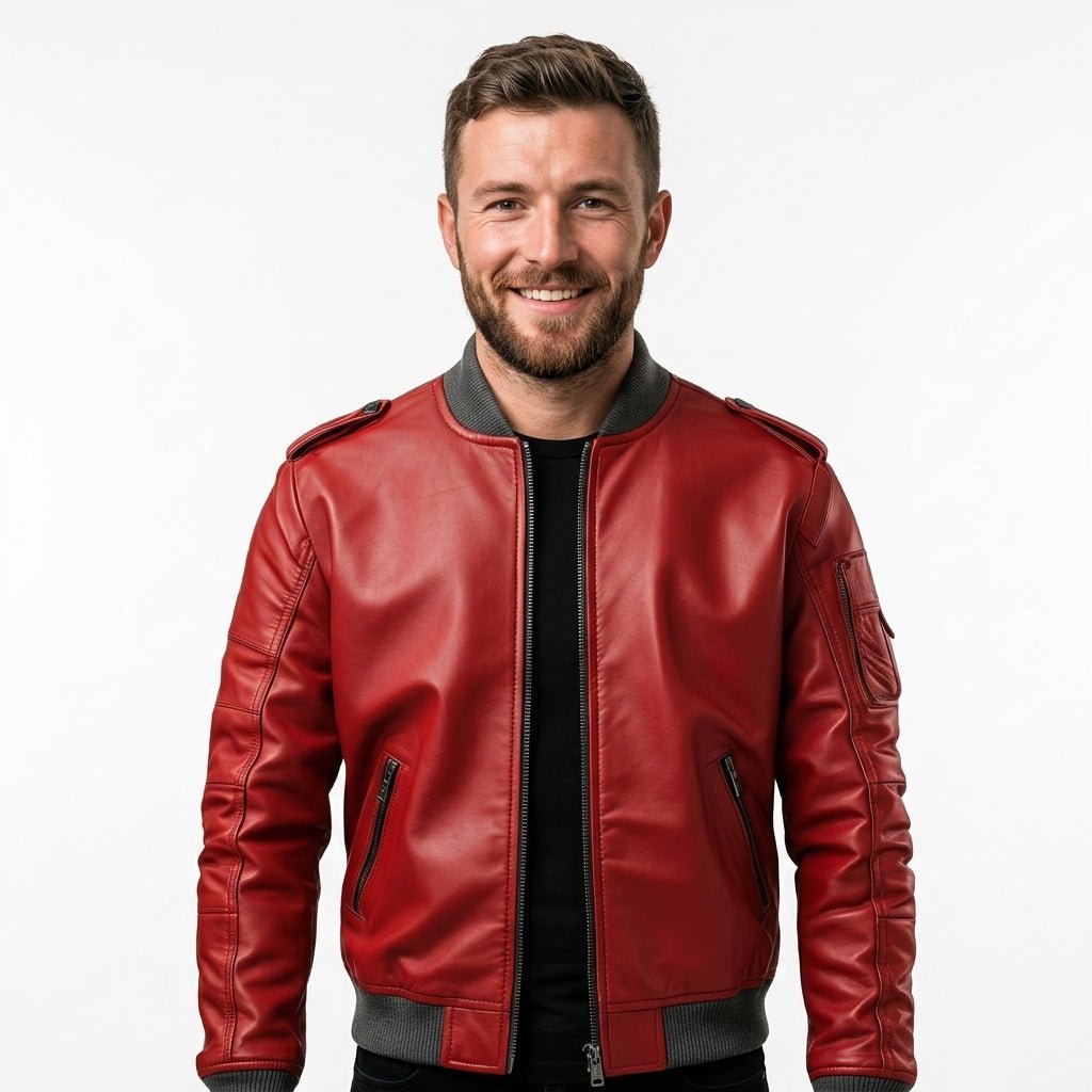 Men’s Stylish Red Bomber Leather Jacket - Timber AND Hide
