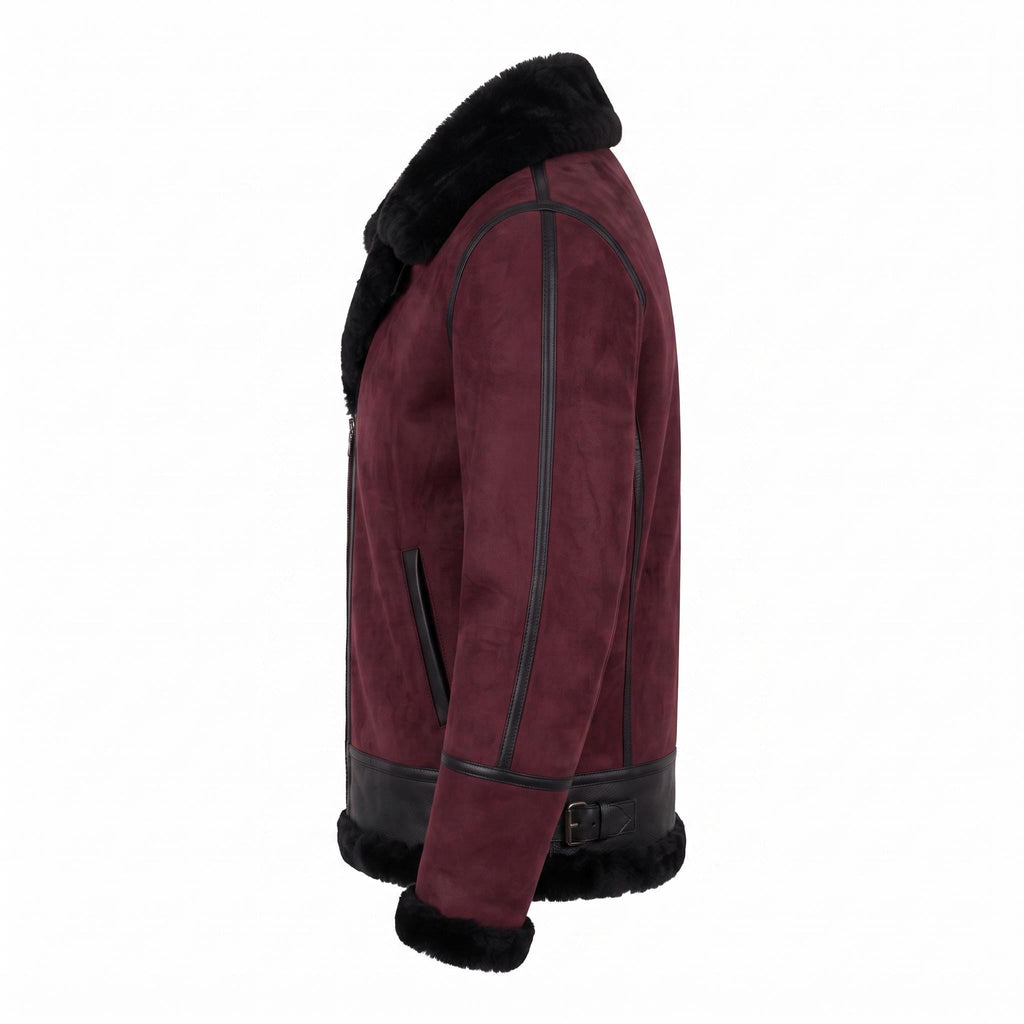 Men's Suede Shearling Aviator Jacket, Brown Leather Trim Biker Style - Timber AND Hide