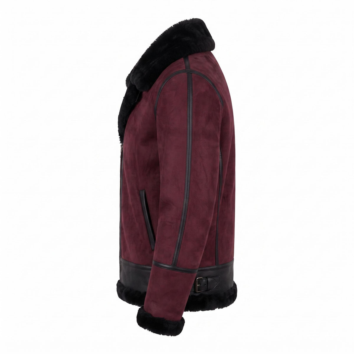 Men's Suede Shearling Aviator Jacket, Brown Leather Trim Biker Style - Timber AND Hide