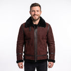 Men's Suede Shearling Aviator Jacket, Brown Leather Trim Biker Style - Timber AND Hide