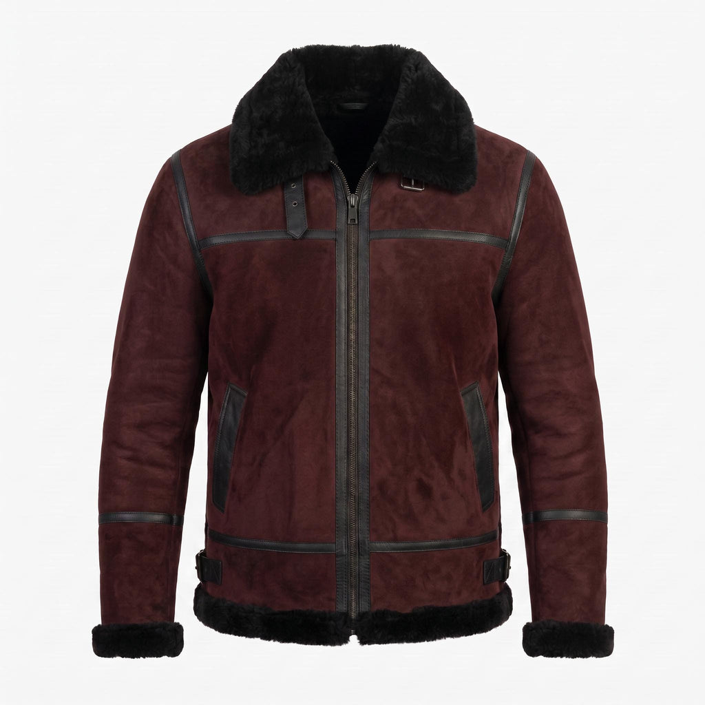 Men's Suede Shearling Aviator Jacket, Brown Leather Trim Biker Style - Timber AND Hide