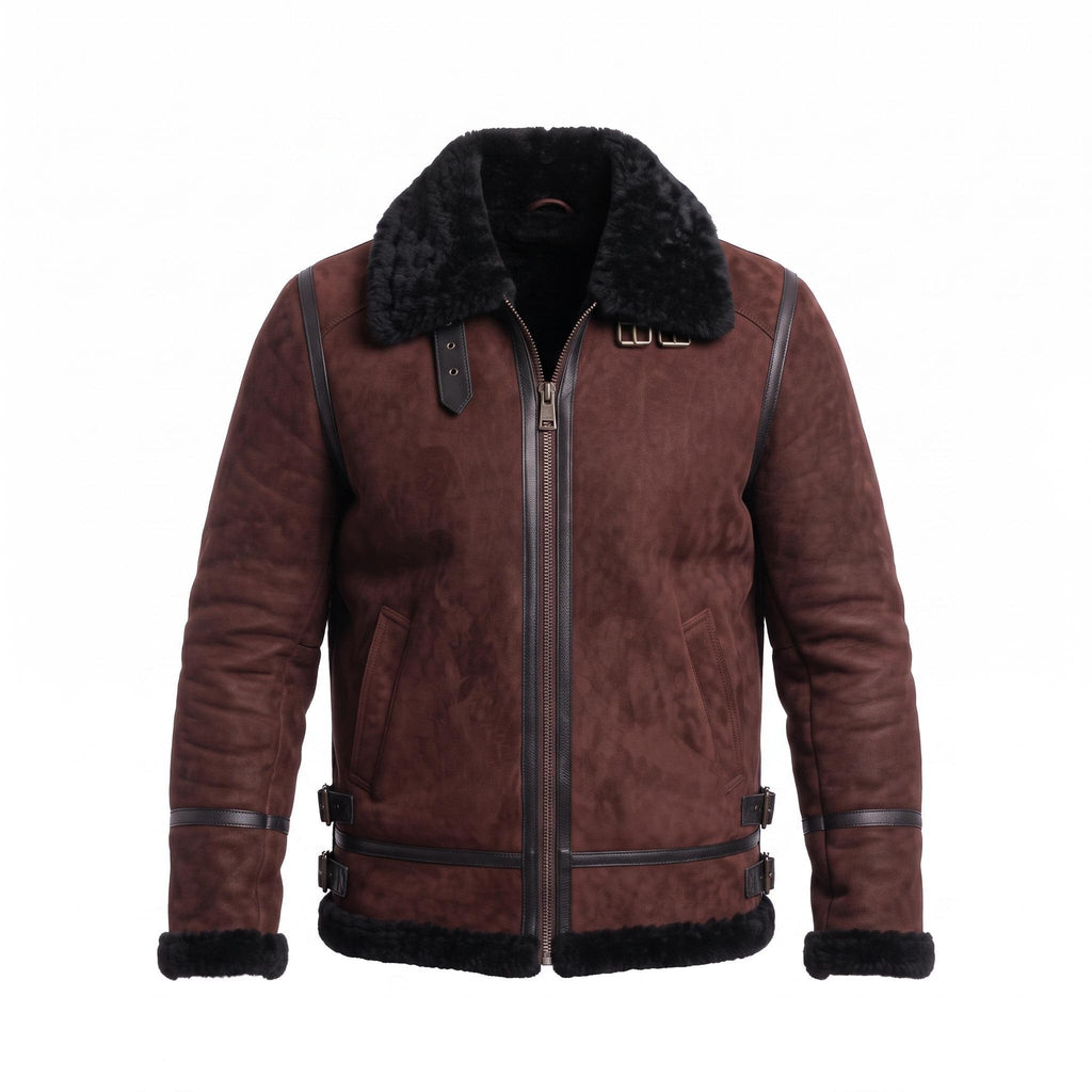 Men's Suede Shearling Aviator Jacket, Brown Leather Trim Biker Style - Timber AND Hide
