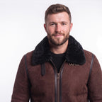 Men's Suede Shearling Aviator Jacket, Brown Leather Trim Biker Style - Timber AND Hide