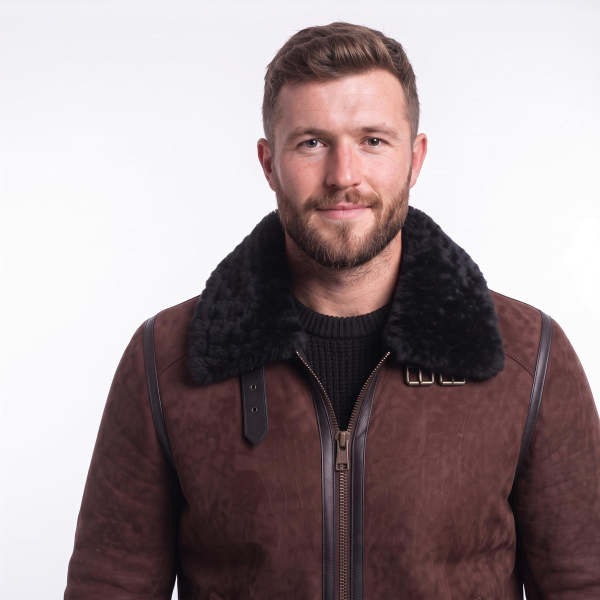 Men's Suede Shearling Aviator Jacket, Brown Leather Trim Biker Style - Timber AND Hide
