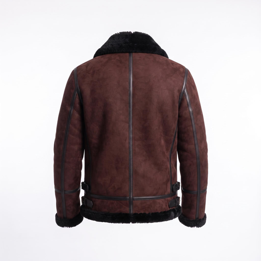 Men's Suede Shearling Aviator Jacket, Brown Leather Trim Biker Style - Timber AND Hide