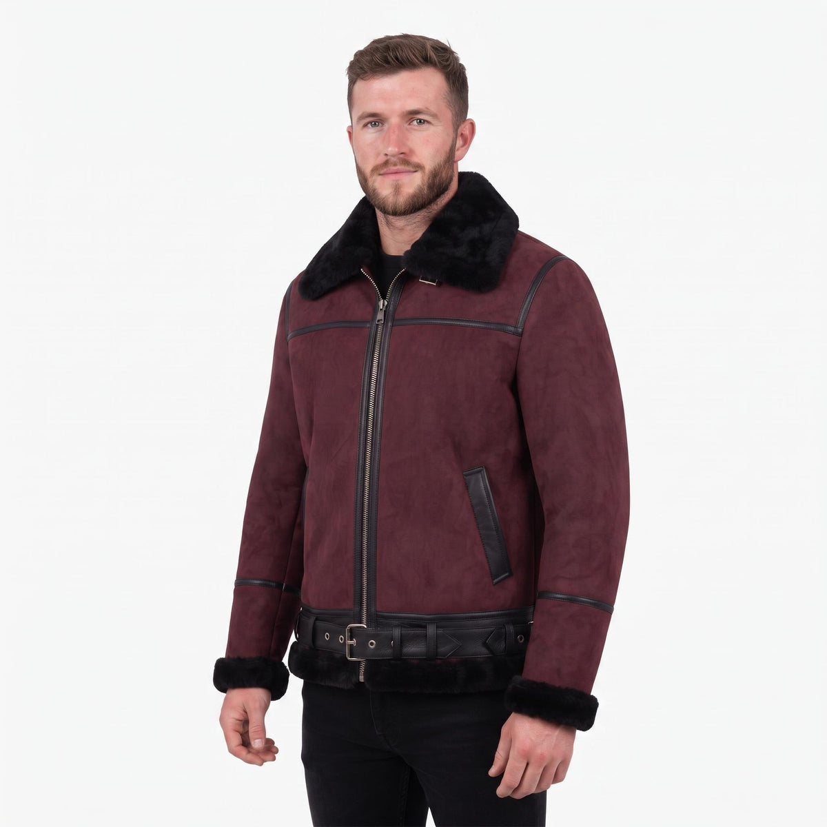 Men's Suede Shearling Aviator Jacket, Brown Leather Trim Biker Style - Timber AND Hide