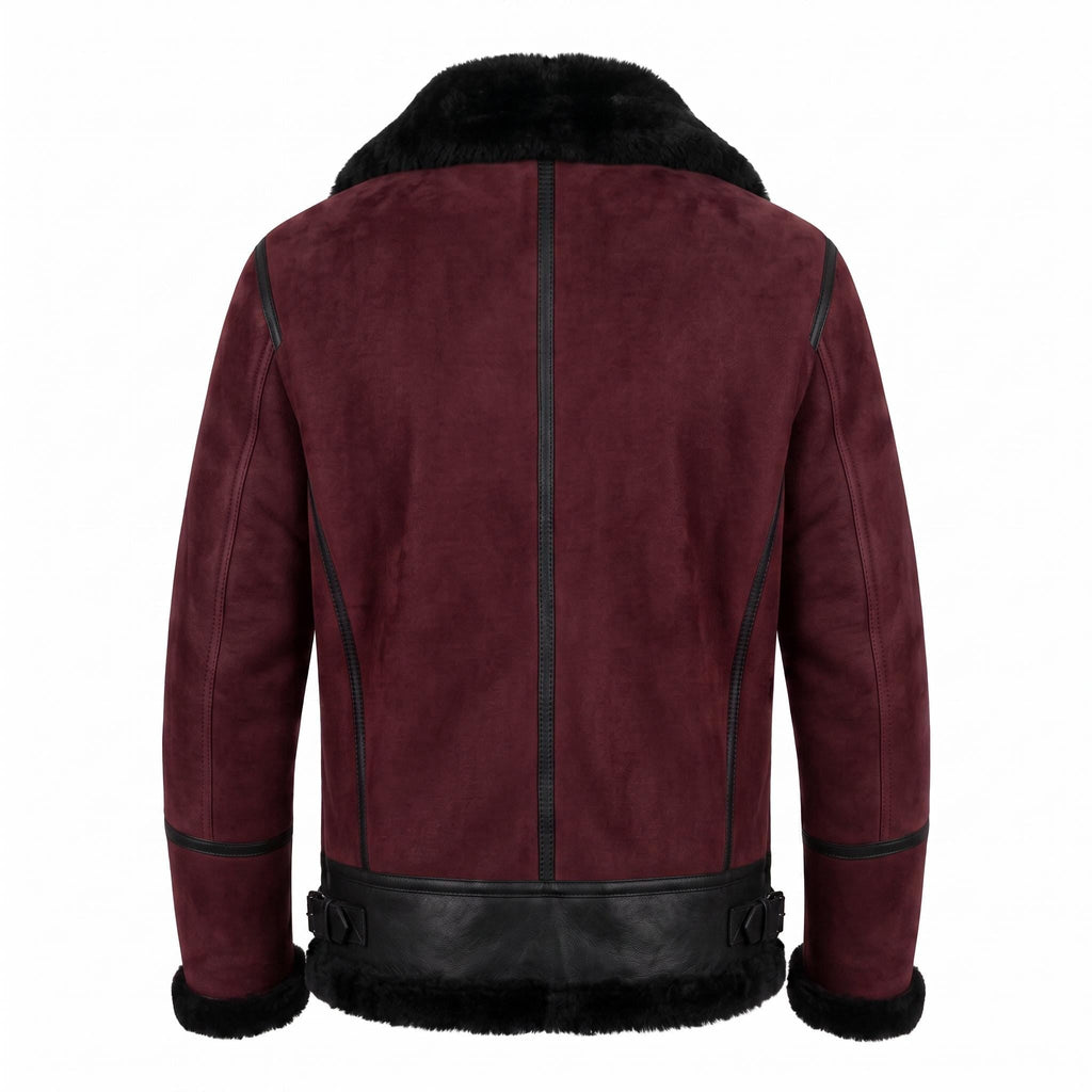 Men's Suede Shearling Aviator Jacket, Brown Leather Trim Biker Style - Timber AND Hide
