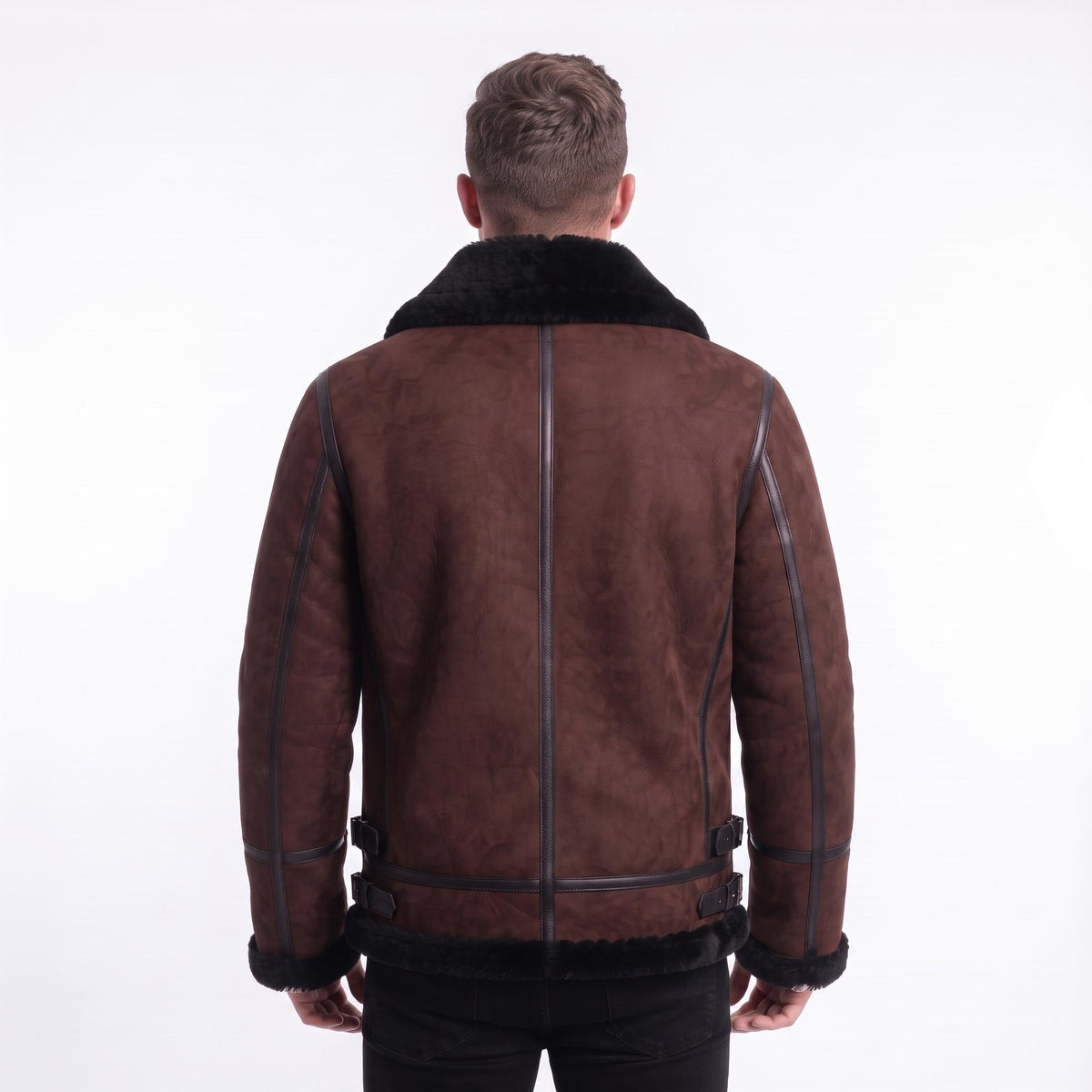Men's Suede Shearling Aviator Jacket, Brown Leather Trim Biker Style - Timber AND Hide