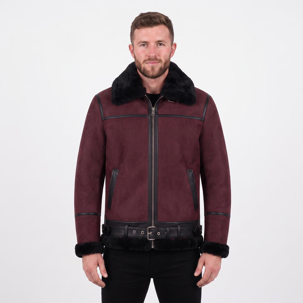Men's Suede Shearling Aviator Jacket, Brown Leather Trim Biker Style - Timber AND Hide