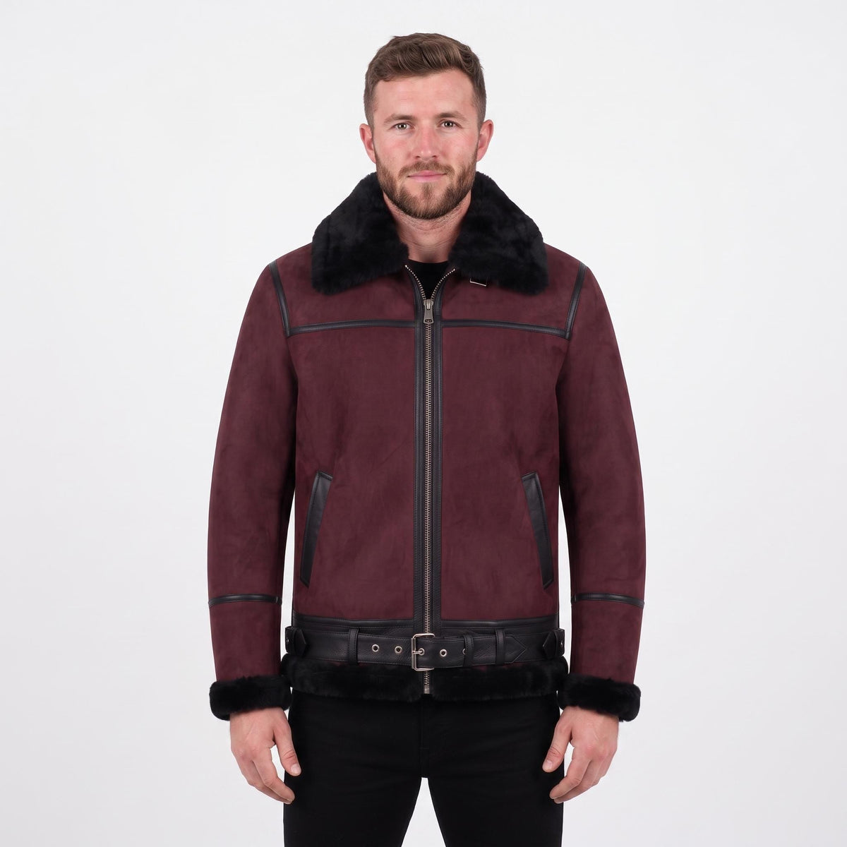 Men's Suede Shearling Aviator Jacket, Brown Leather Trim Biker Style - Timber AND Hide
