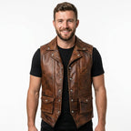 Men’s Vintage Brown Leather Vest – Genuine Leather Biker Style - Timber AND Hide