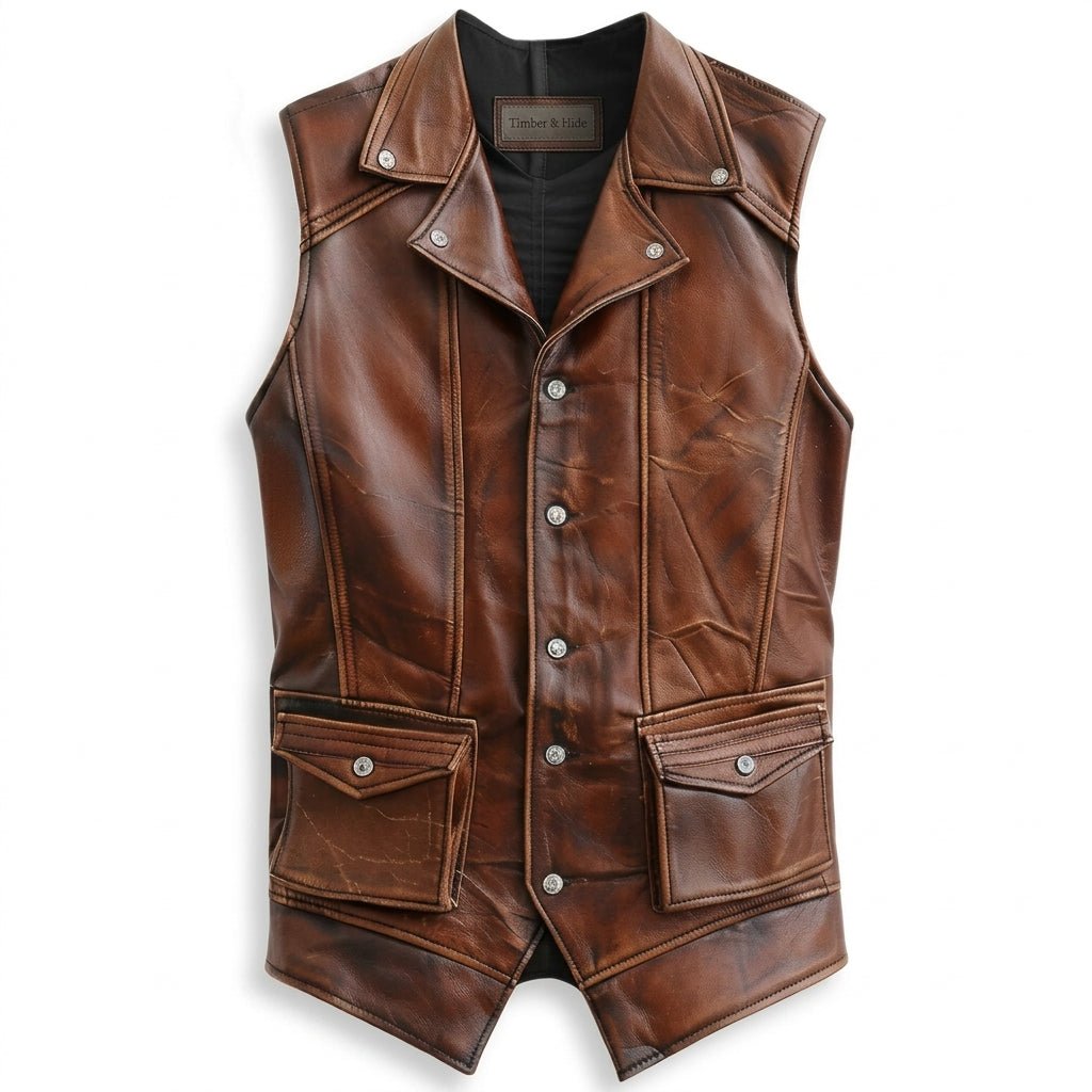 Men’s Vintage Brown Leather Vest – Genuine Leather Biker Style - Timber AND Hide