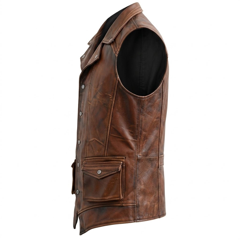 Men’s Vintage Brown Leather Vest – Genuine Leather Biker Style - Timber AND Hide