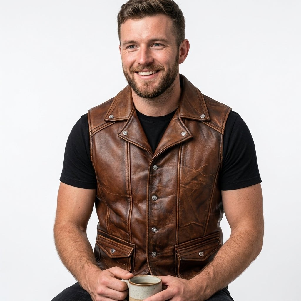 Men’s Vintage Brown Leather Vest – Genuine Leather Biker Style - Timber AND Hide
