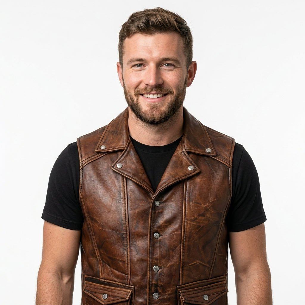 Men’s Vintage Brown Leather Vest – Genuine Leather Biker Style - Timber AND Hide