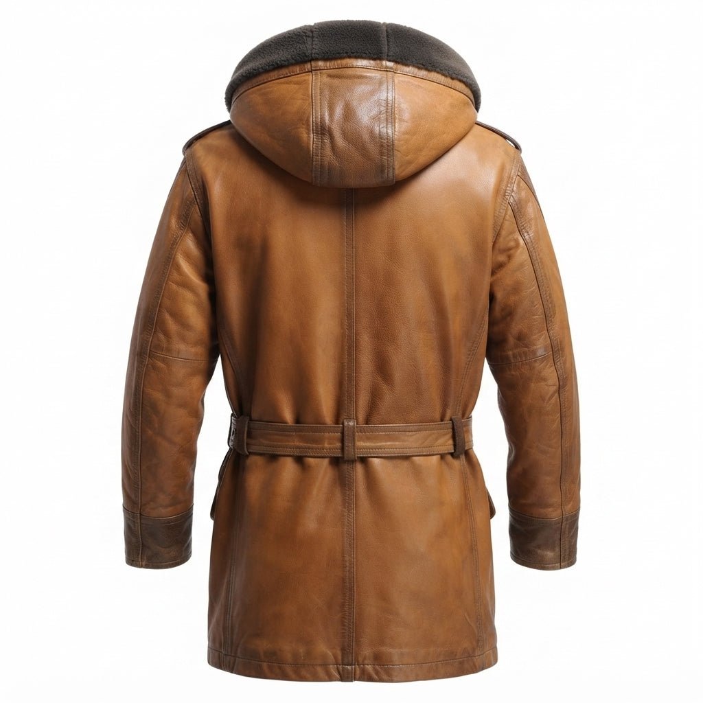 Men’s Vintage Hooded Fur Leather Coat – Classic Tan Brown Outerwear - Timber AND Hide