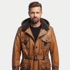 Men’s Vintage Hooded Fur Leather Coat – Classic Tan Brown Outerwear - Timber AND Hide