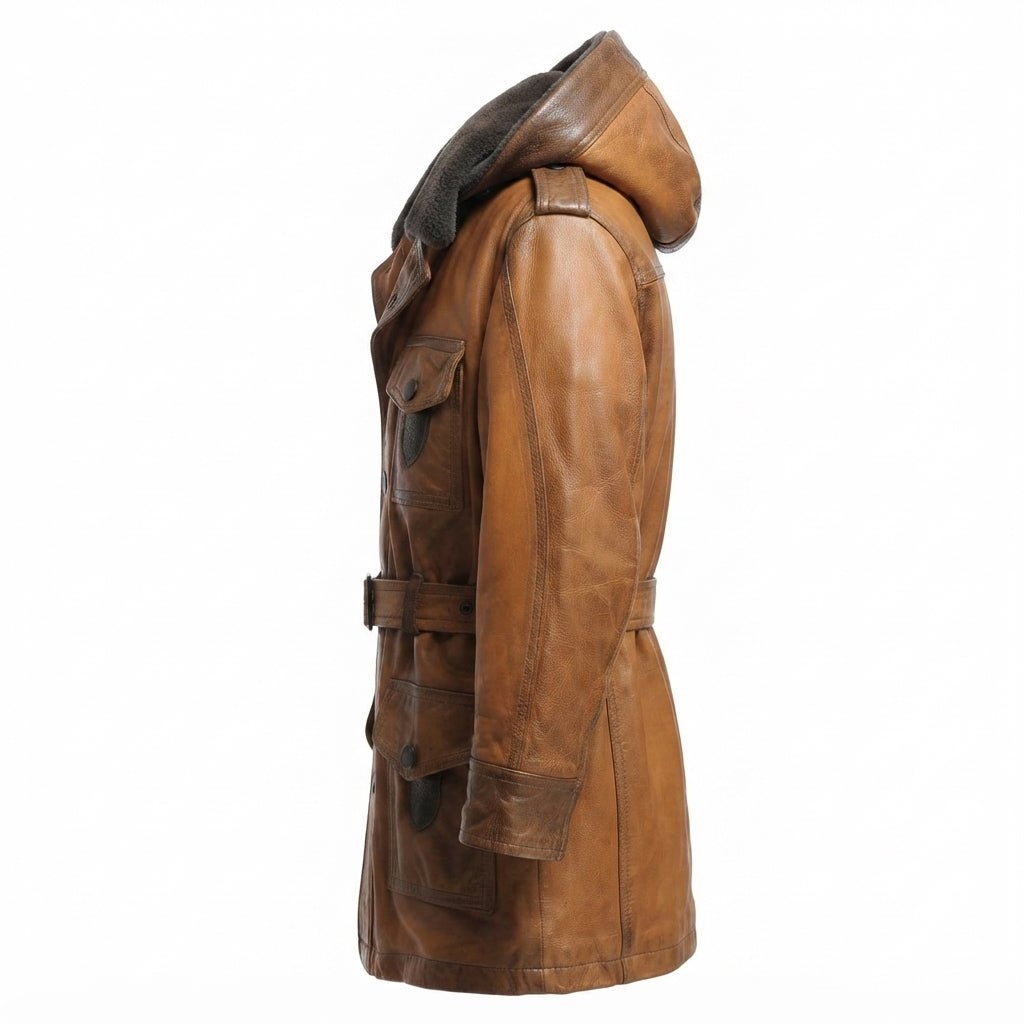 Men’s Vintage Hooded Fur Leather Coat – Classic Tan Brown Outerwear - Timber AND Hide