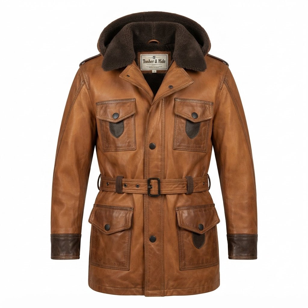 Men’s Vintage Hooded Fur Leather Coat – Classic Tan Brown Outerwear - Timber AND Hide