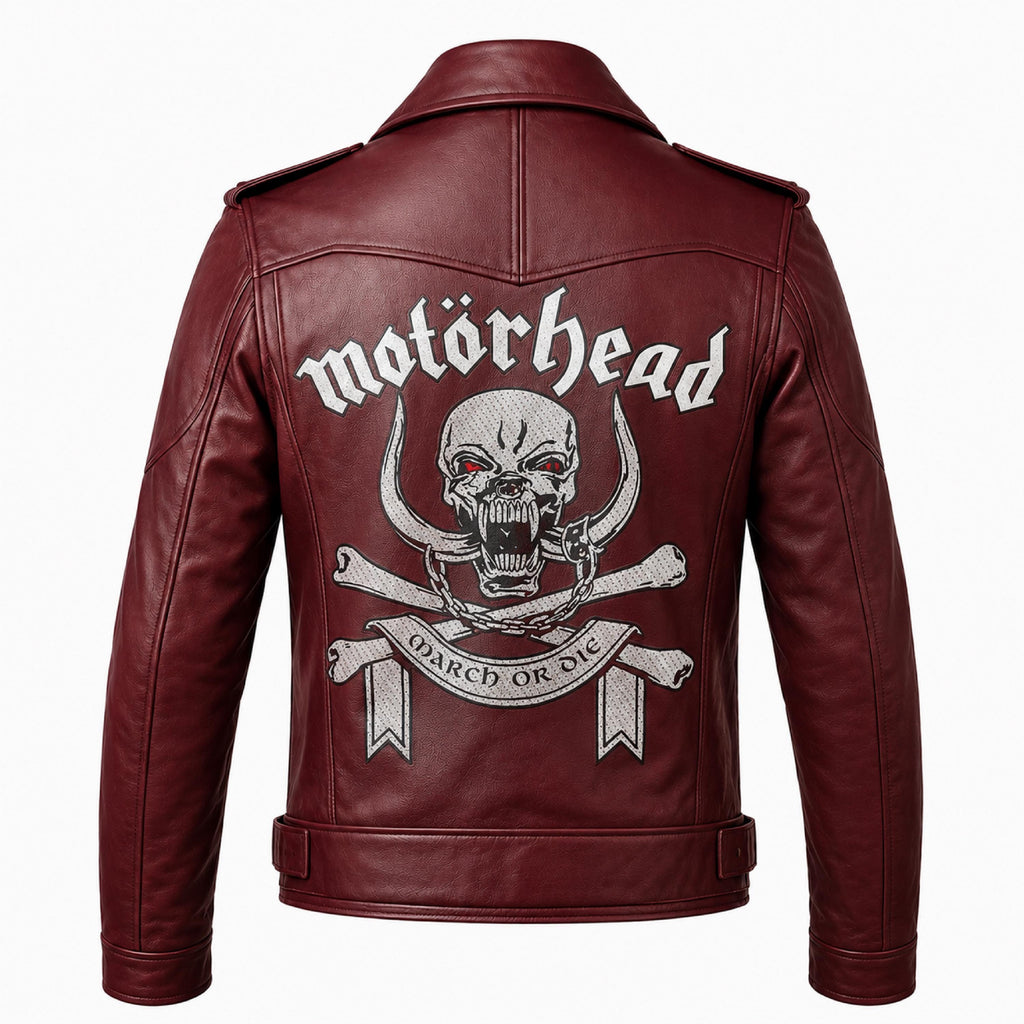 Motorhead Inspired Burgundy Leather Biker Jacket with Skull Print - Timber AND Hide