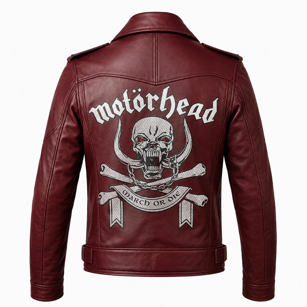 Motorhead Inspired Burgundy Leather Biker Jacket with Skull Print - Timber AND Hide