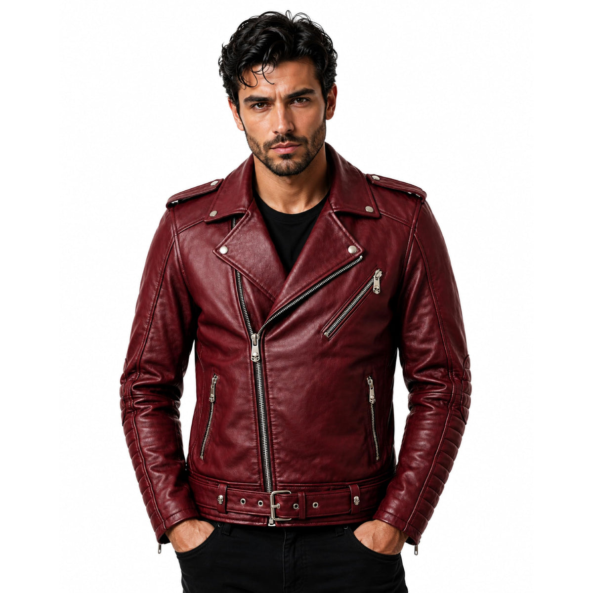 Motorhead Inspired Leather Biker Jacket | Skull Printed Leather Jacket | Men's Burgundy Leather Motorcycle Jacket - Timber AND Hide