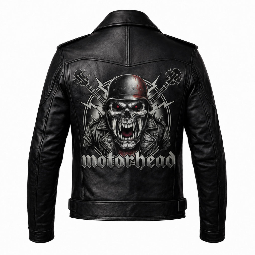 Motorhead Inspired Skull Print Leather Biker Jacket – Men's Gothic Rock Rider Coat - Timber AND Hide