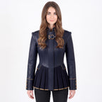 Navy Blue Leather Peplum Jacket: Victorian Military Officer Style Blazer - Timber AND Hide