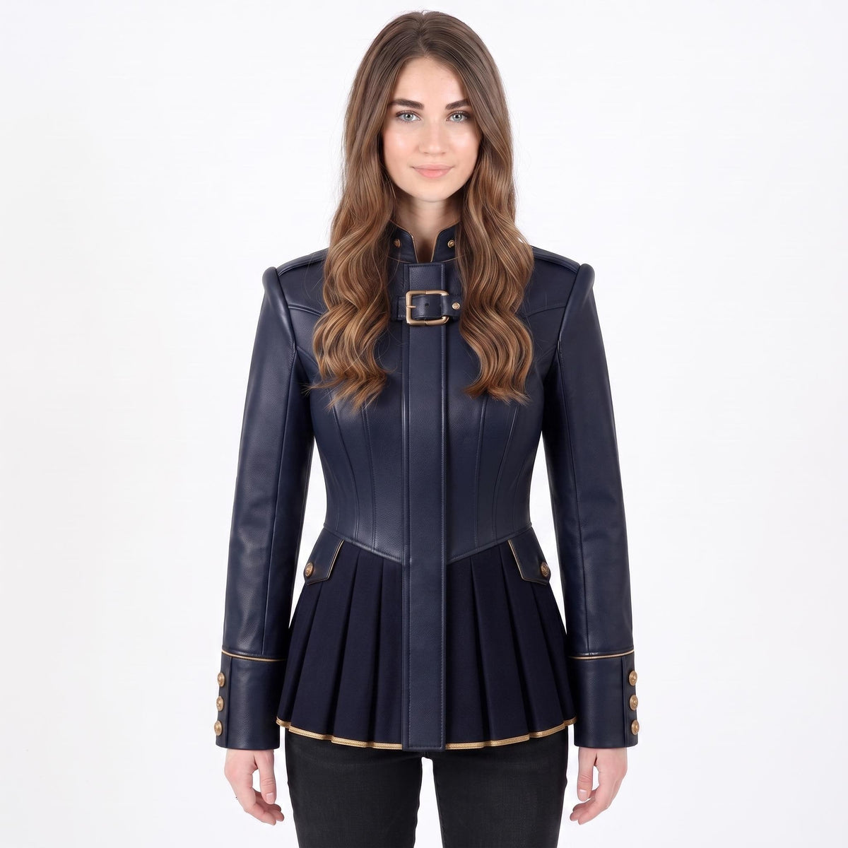 Navy Blue Leather Peplum Jacket: Victorian Military Officer Style Blazer - Timber AND Hide