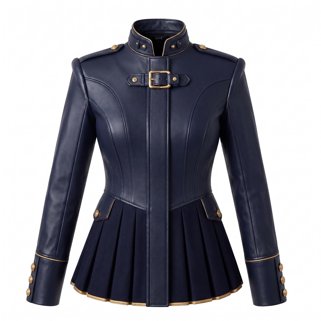Navy Blue Leather Peplum Jacket: Victorian Military Officer Style Blazer - Timber AND Hide