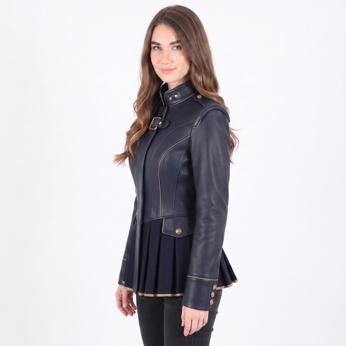Navy Blue Leather Peplum Jacket: Victorian Military Officer Style Blazer - Timber AND Hide