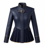 Navy Blue Leather Peplum Jacket: Victorian Military Officer Style Blazer - Timber AND Hide