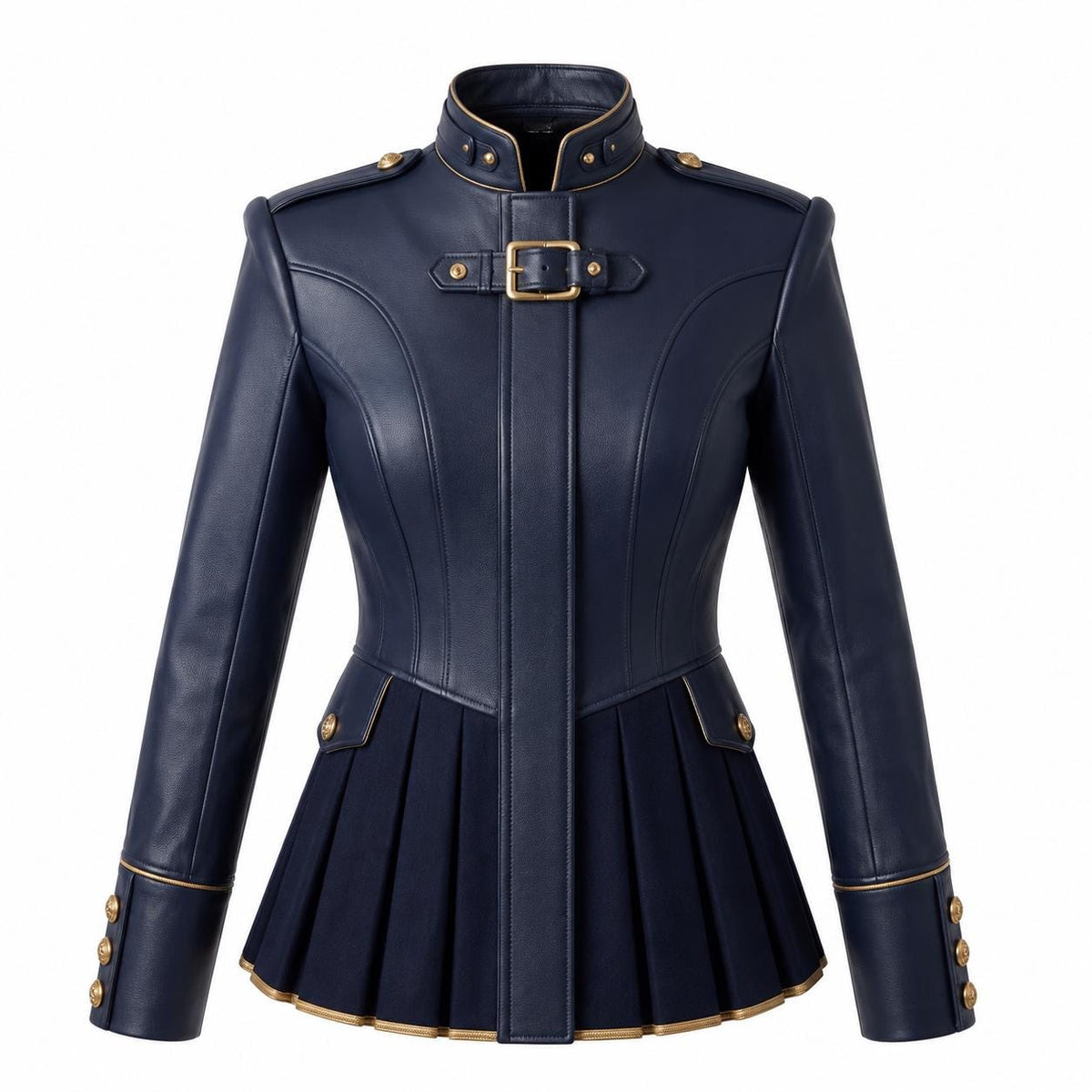 Navy Blue Leather Peplum Jacket: Victorian Military Officer Style Blazer - Timber AND Hide
