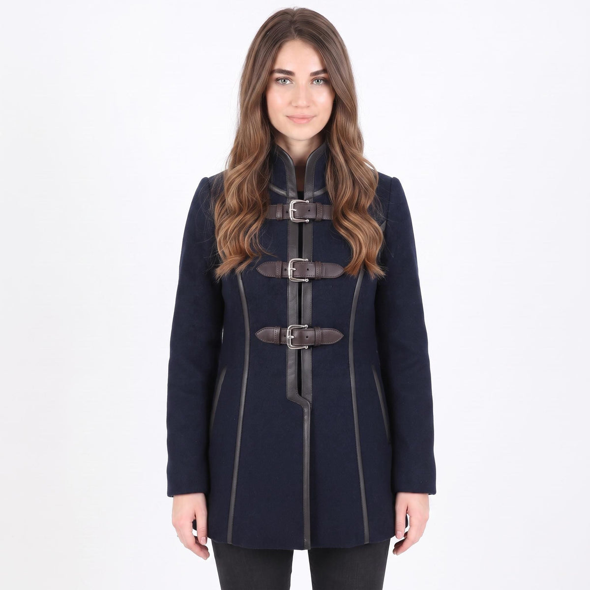 Navy Wool Coat with Leather Trim, Buckle Front, Dark Academia Style Jacket - Timber AND Hide