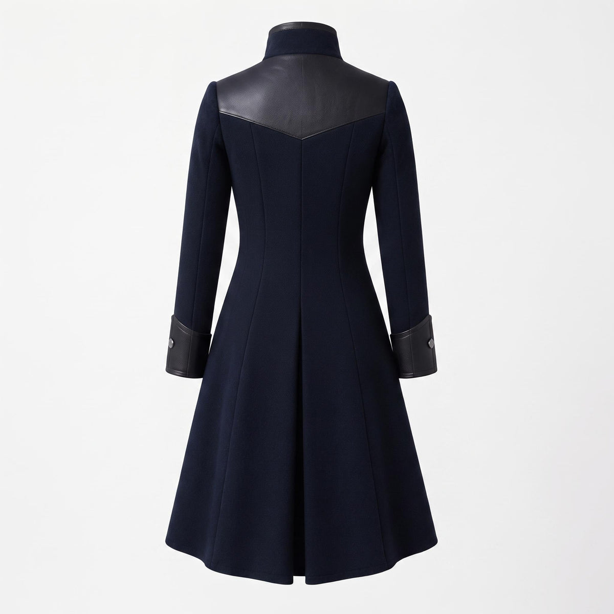 Navy Wool Coat with Leather Trim, Buckle Front, Dark Academia Style Jacket - Timber AND Hide