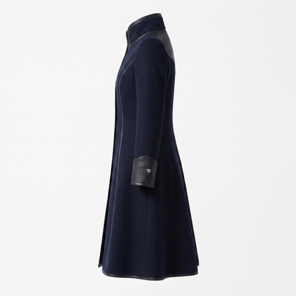 Navy Wool Coat with Leather Trim, Buckle Front, Dark Academia Style Jacket - Timber AND Hide