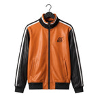 Orange Leather Anime Bomber Jacket | Goku Cosplay Varsity Streetwear Coat - Timber AND Hide