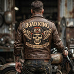 Road King Vintage Leather Jacket - Winged Skull & "Ride to Live" Biker Design - Timber AND Hide