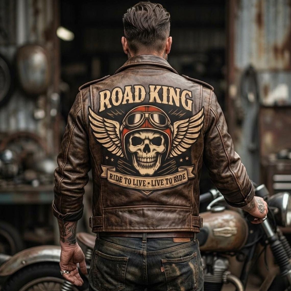 Road King Vintage Leather Jacket - Winged Skull & "Ride to Live" Biker Design - Timber AND Hide