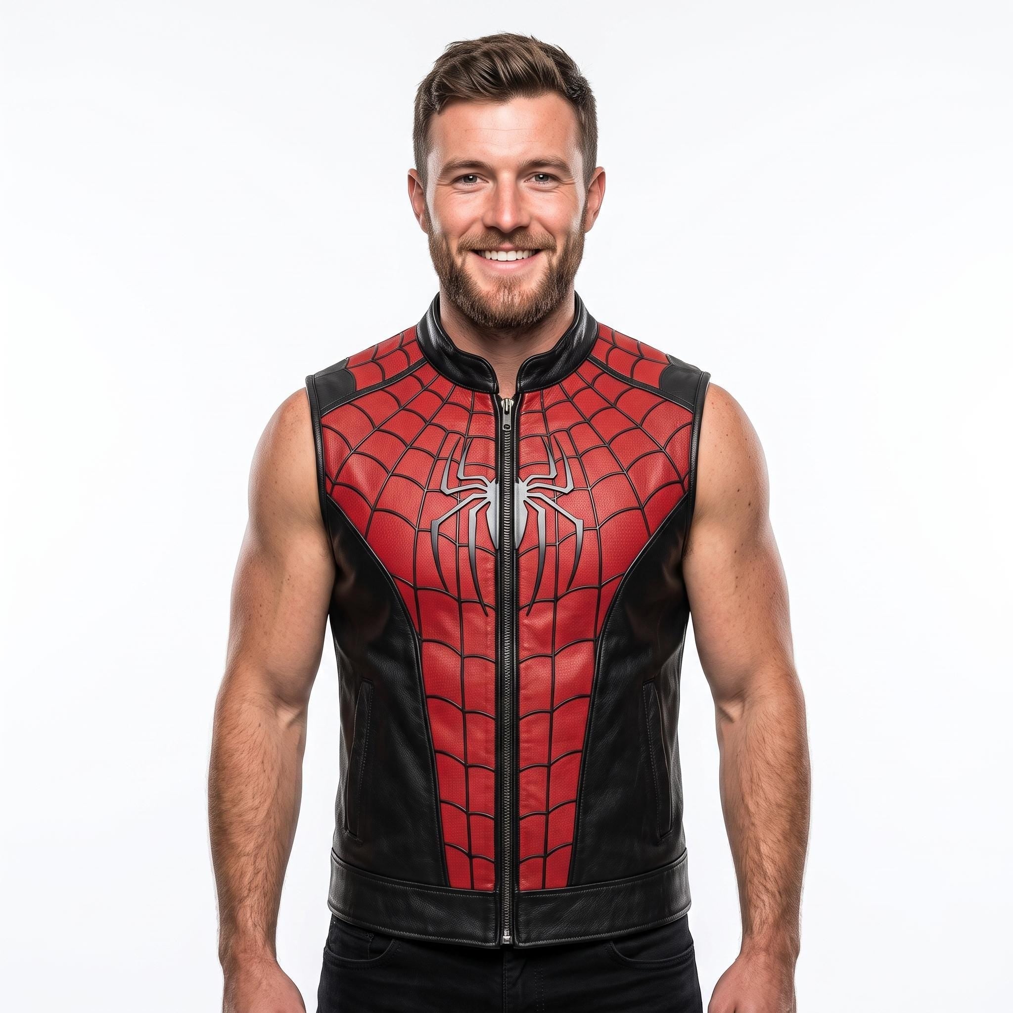 Spider-Man Inspired Vest Cosplay Costume Jacket – Red Black Leather-Style Superhero Comic Con Outfit - Timber AND Hide
