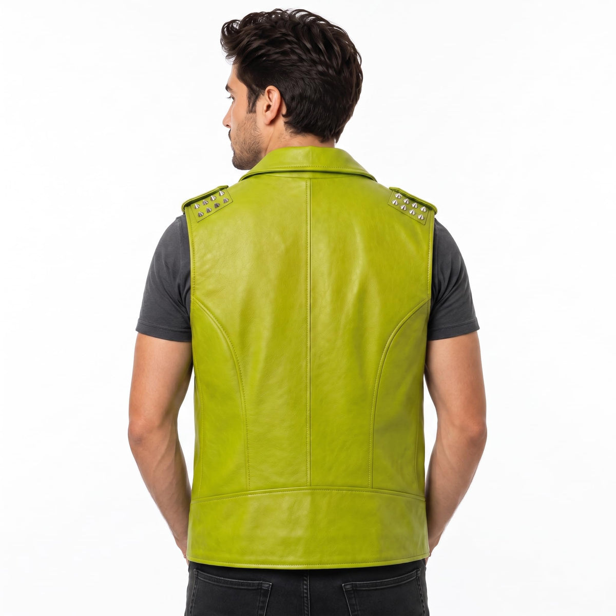 Timber AND Hide Men's Genuine Leather Motorcycle Biker Vest – Classic Double Rider Style with Studded Shoulders - Timber AND Hide