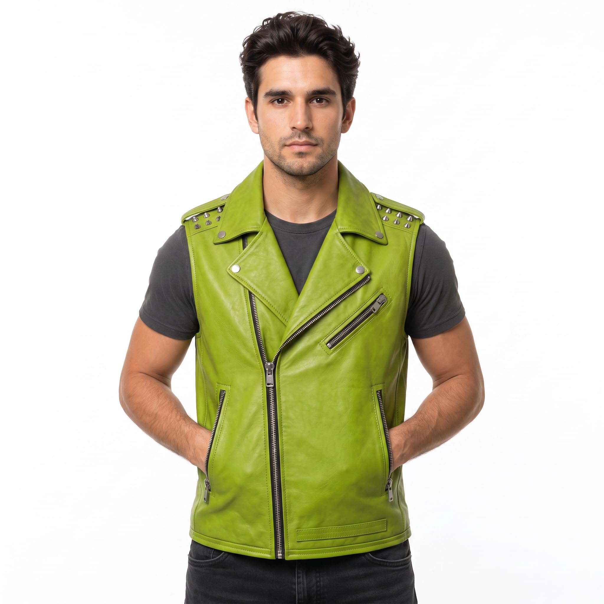 Timber AND Hide Men's Genuine Leather Motorcycle Biker Vest – Classic Double Rider Style with Studded Shoulders - Timber AND Hide