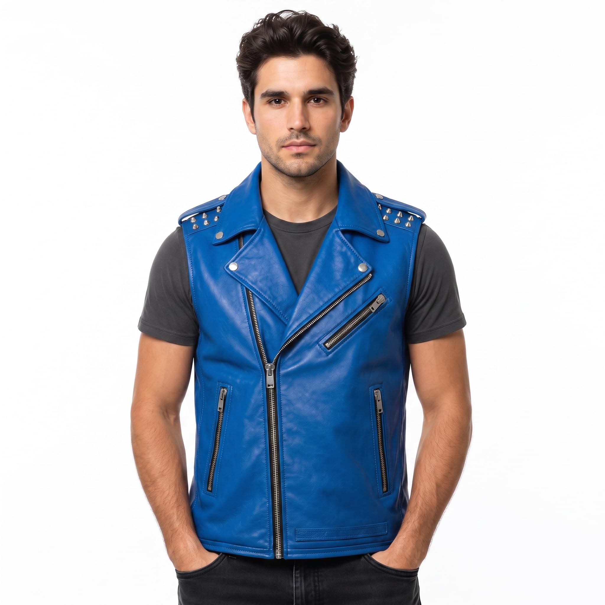 Timber AND Hide Men's Genuine Leather Motorcycle Biker Vest – Classic Double Rider Style with Studded Shoulders - Timber AND Hide