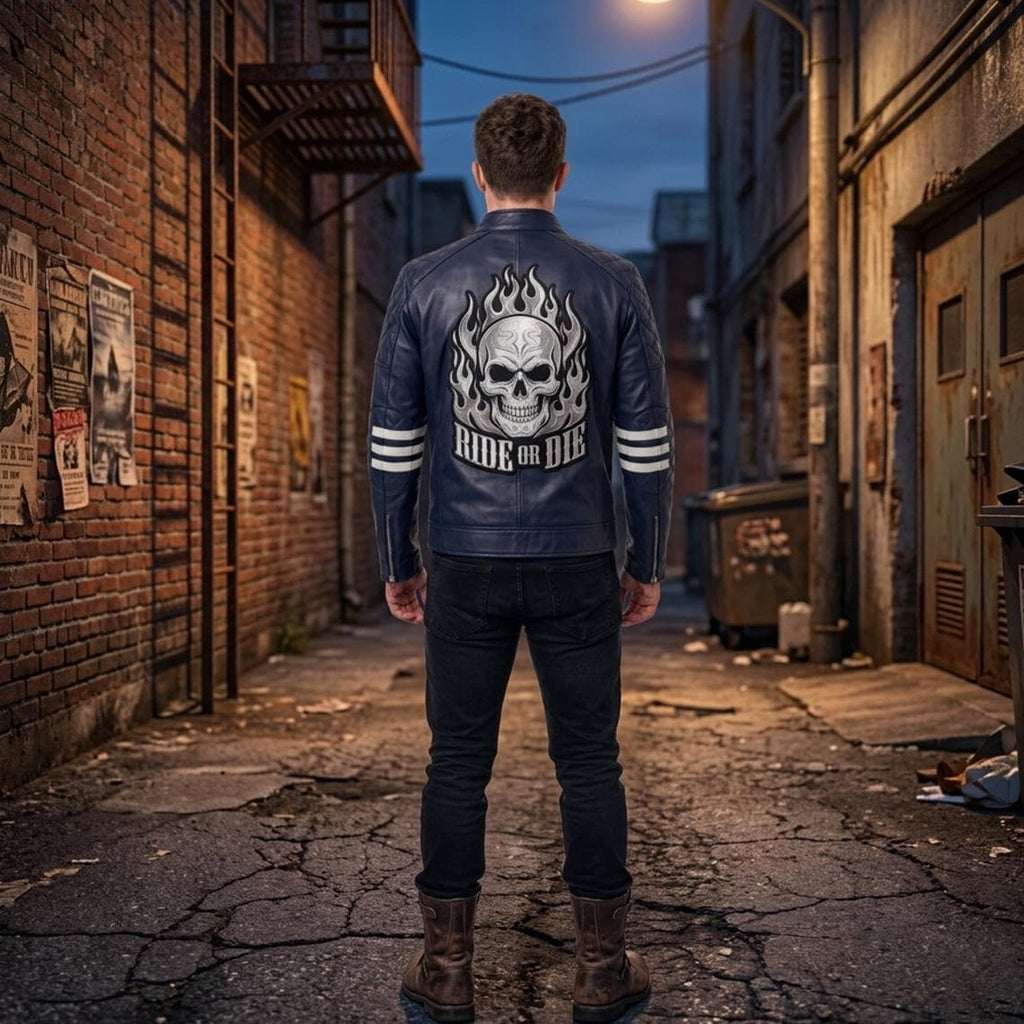 Vintage Royal Blue Leather Biker Jacket | Flaming Skull Back Graphic - Timber AND Hide