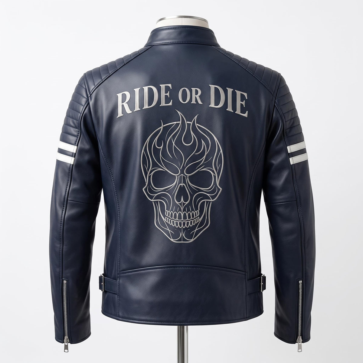 Vintage Royal Blue Leather Biker Jacket | Flaming Skull Back Graphic - Timber AND Hide