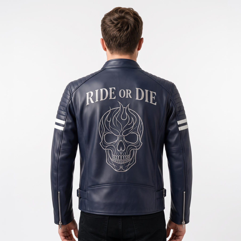 Vintage Royal Blue Leather Biker Jacket | Flaming Skull Back Graphic - Timber AND Hide